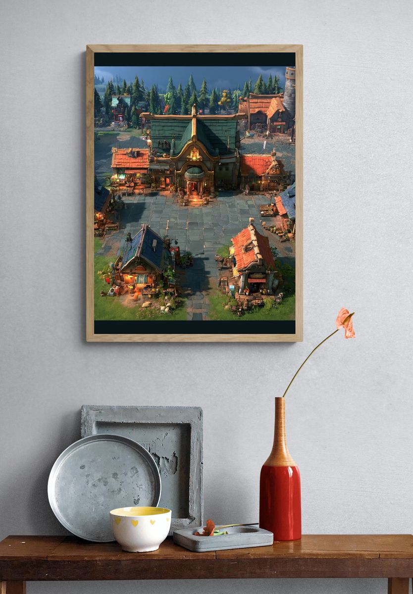 Fantasy Village Square Illustration Poster. — room view 3