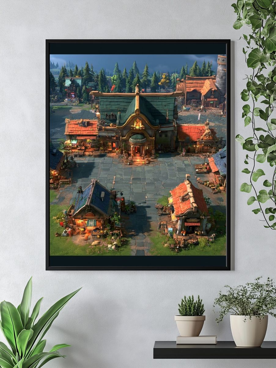 Fantasy Village Square Illustration Poster. — room view 4