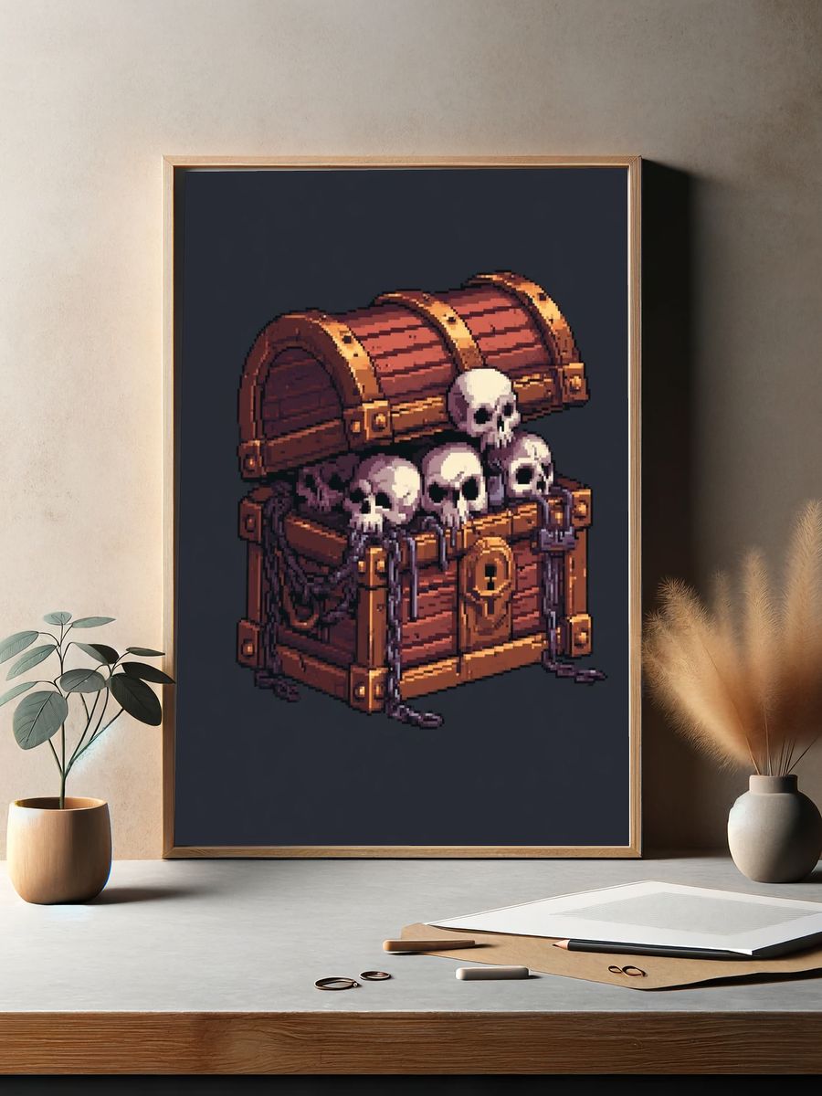 Skull Treasure Chest Pixel Art Poster. — room view 2