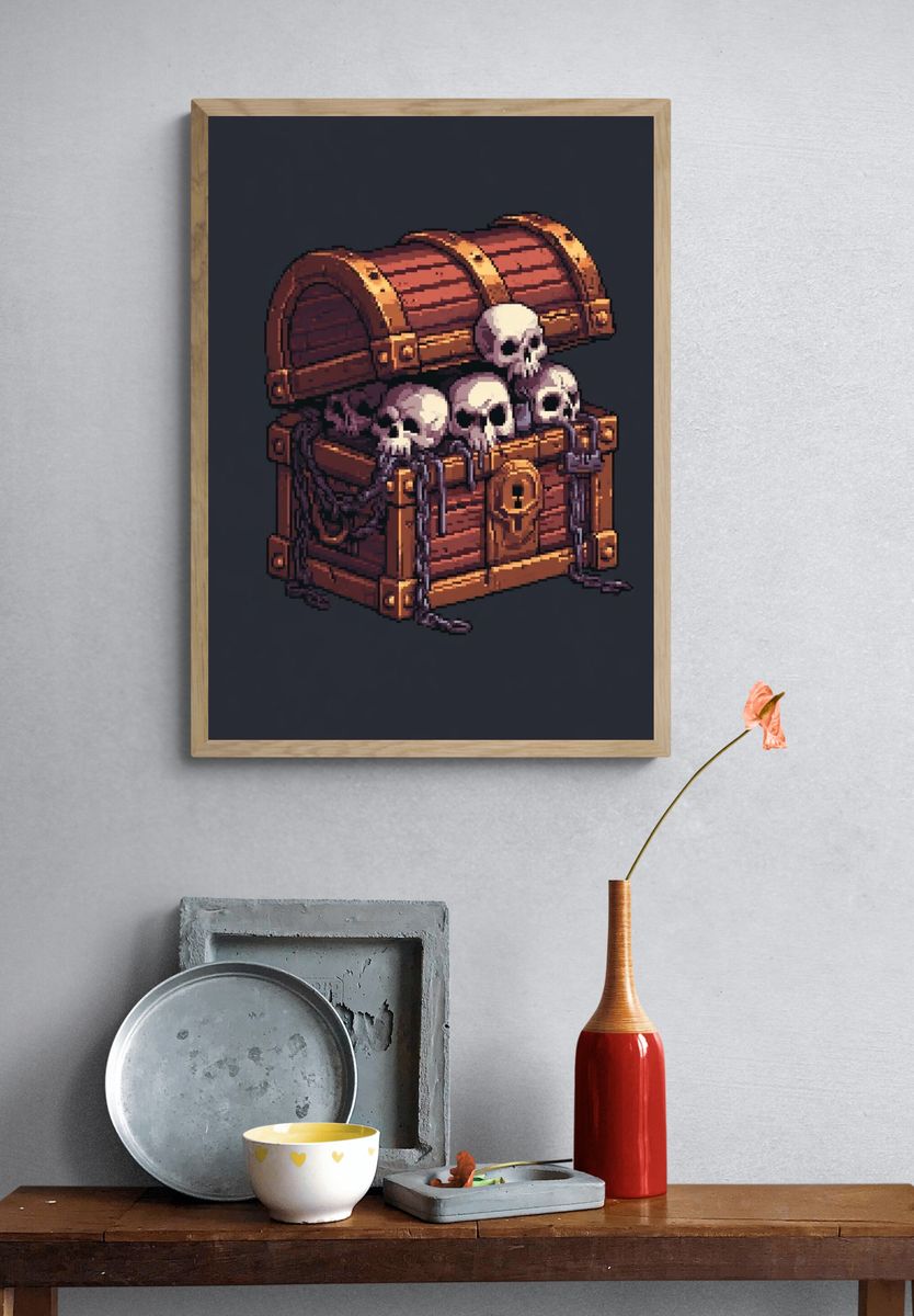 Skull Treasure Chest Pixel Art Poster. — room view 3