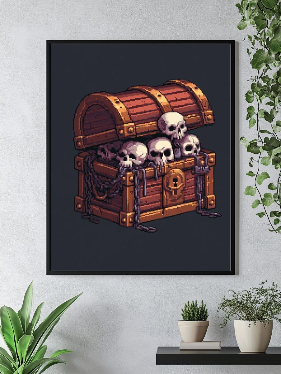 Skull Treasure Chest Pixel Art Poster. — room view 4