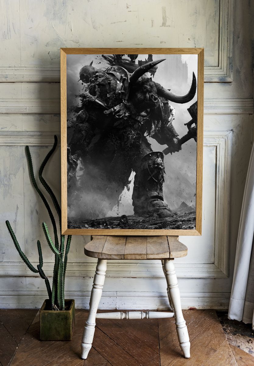 Warhammer Orc Warrior Black-White Print. — room view 1