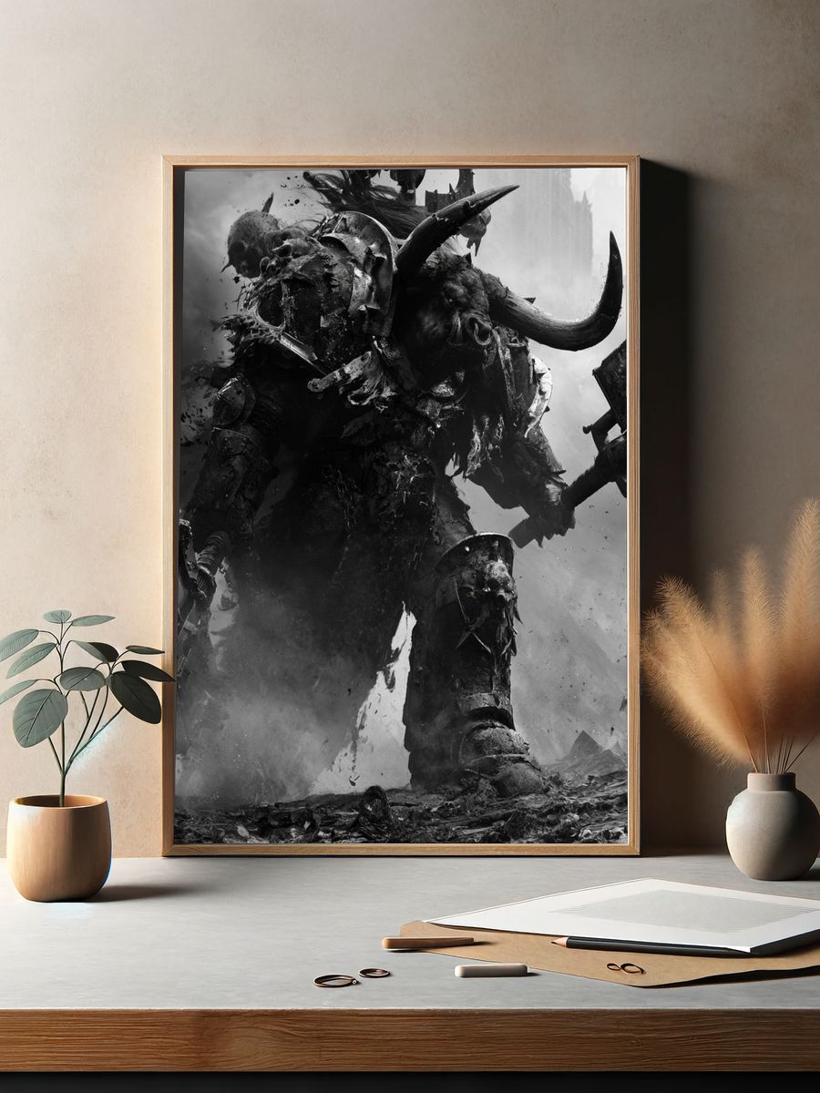 Warhammer Orc Warrior Black-White Print. — room view 2
