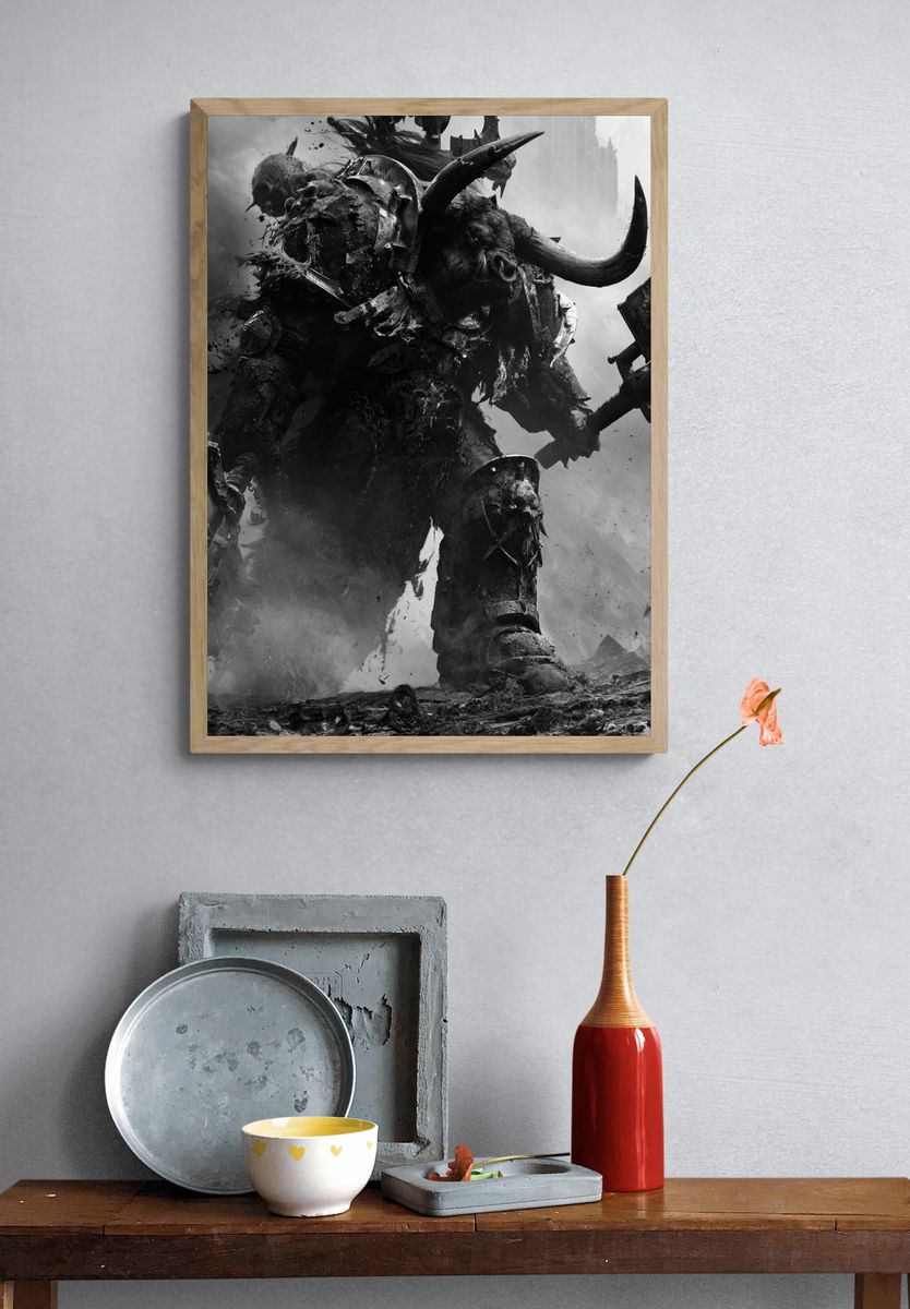 Warhammer Orc Warrior Black-White Print. — room view 3