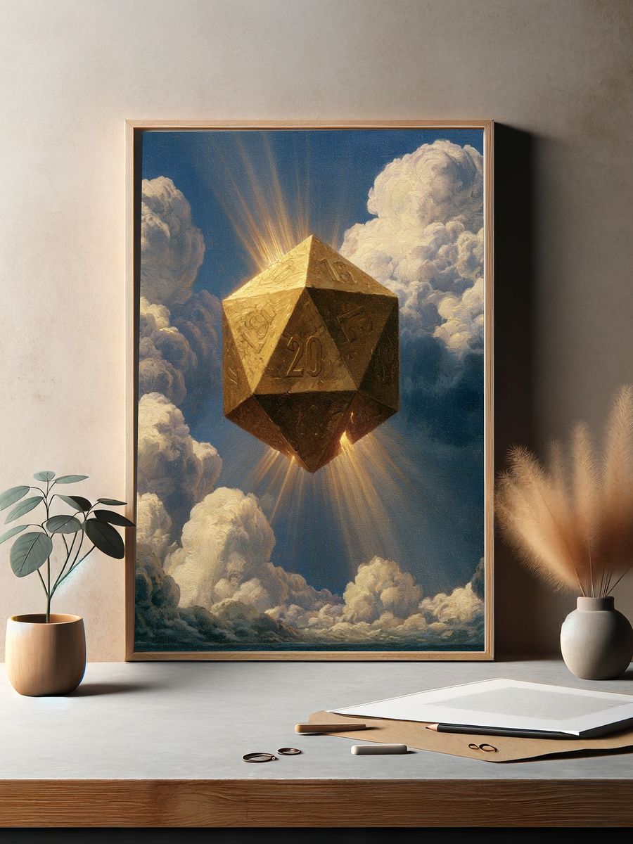 Golden D20 in Clouds Poster. — room view 2