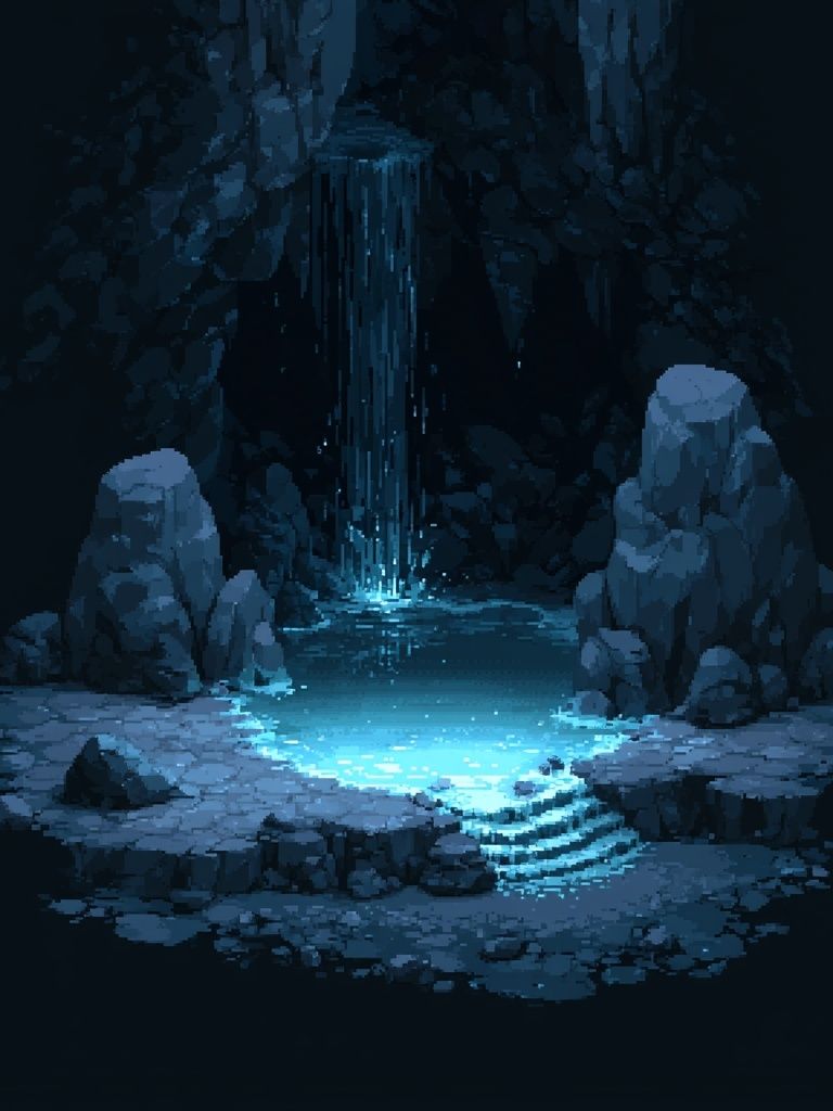 Glowing Cave Waterfall Fantasy Print. poster — gaming art