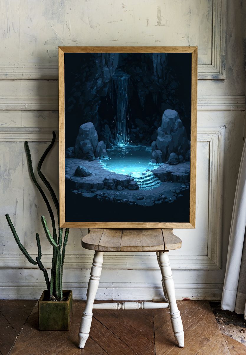 Glowing Cave Waterfall Fantasy Print. — room view 1