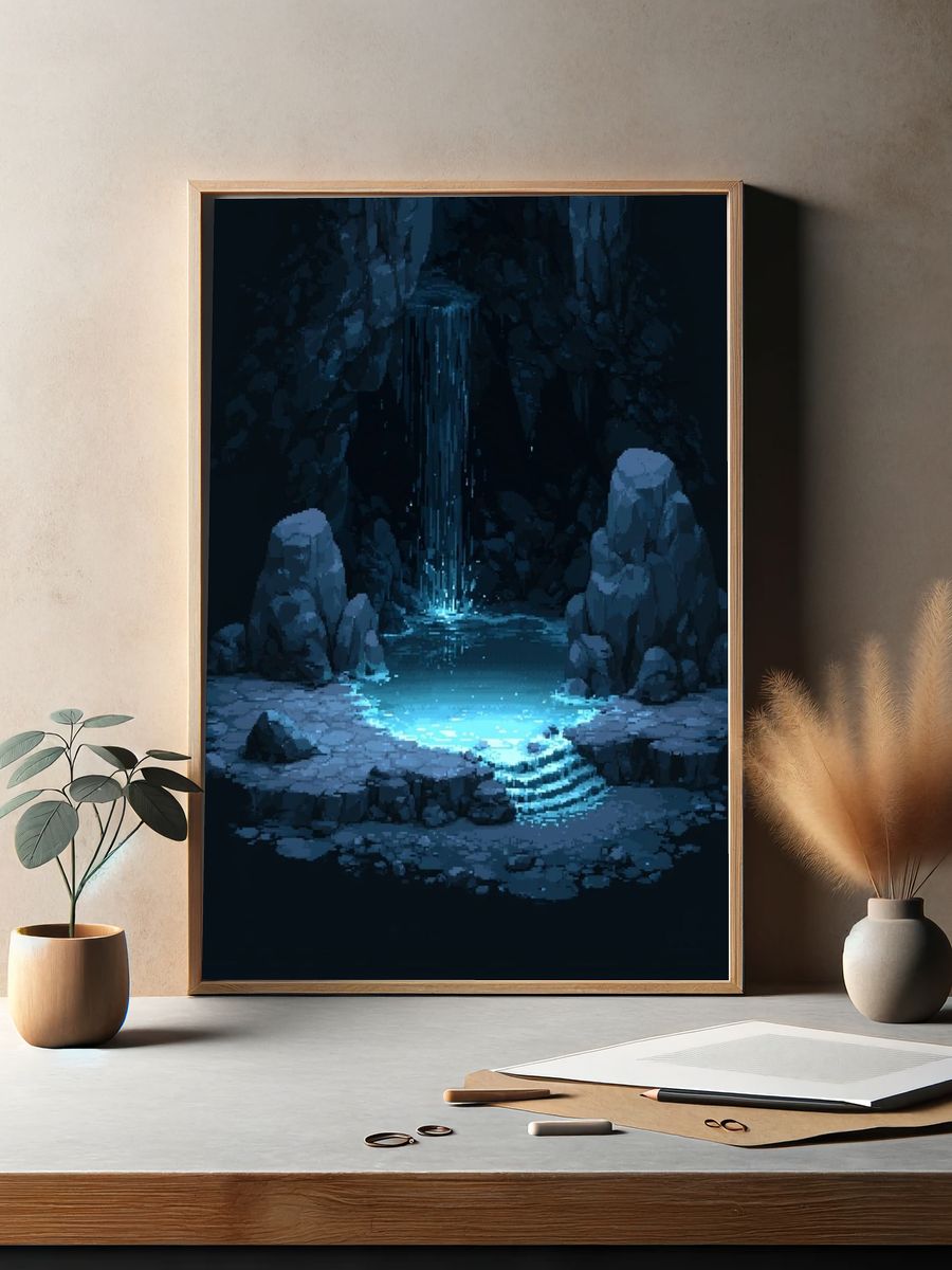 Glowing Cave Waterfall Fantasy Print. — room view 2