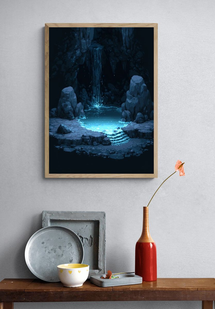 Glowing Cave Waterfall Fantasy Print. — room view 3