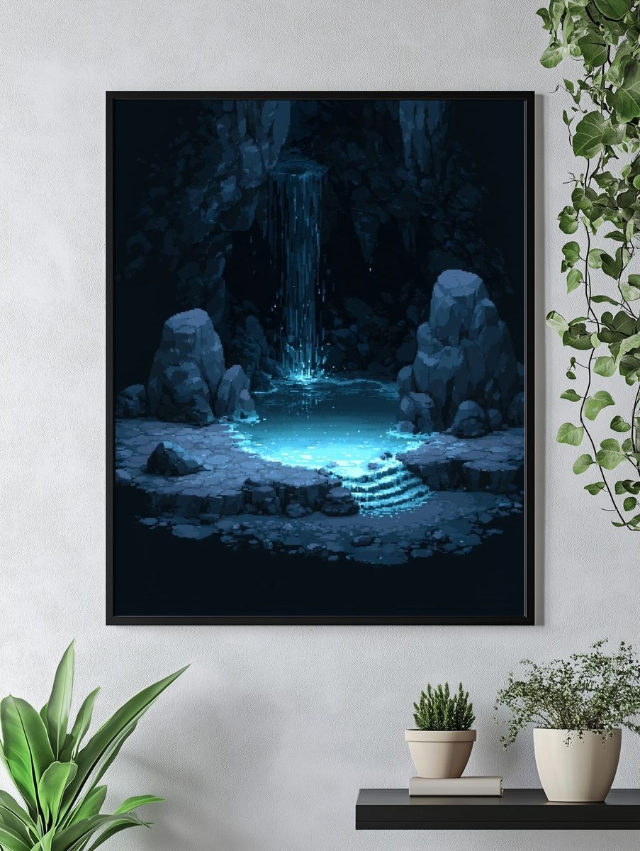 Glowing Cave Waterfall Fantasy Print. — room view 4