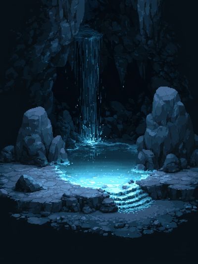 Glowing Cave Waterfall Fantasy Print. poster
