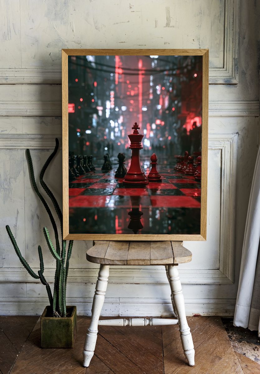 Neon Chessboard Cityscape Poster. — room view 1