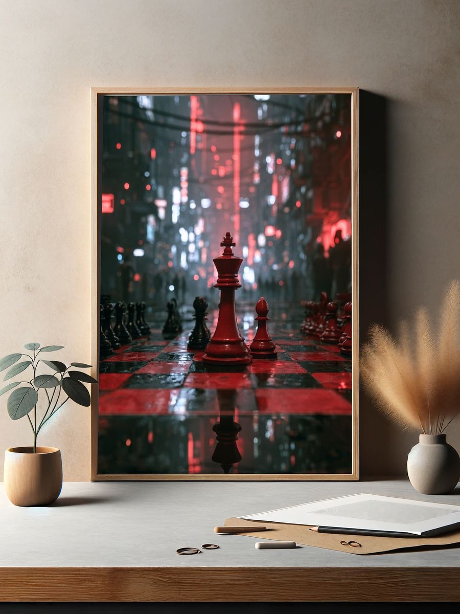 Neon Chessboard Cityscape Poster. — room view 2