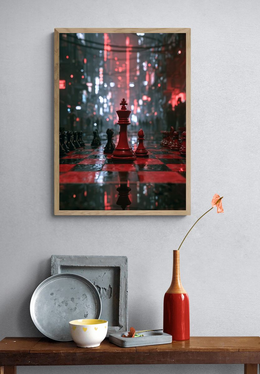 Neon Chessboard Cityscape Poster. — room view 3