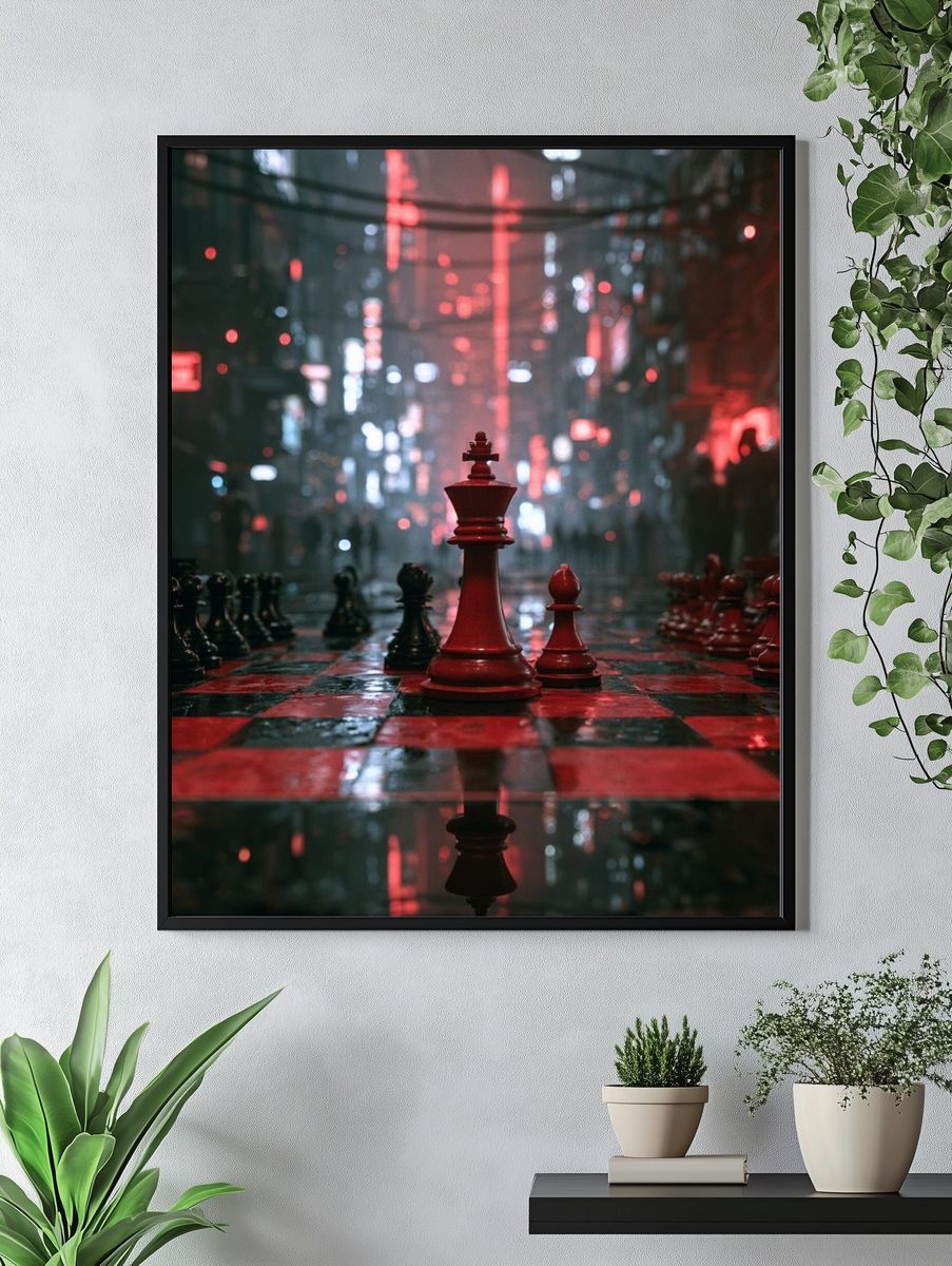 Neon Chessboard Cityscape Poster. — room view 4