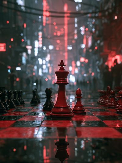 Neon Chessboard Cityscape Poster. poster
