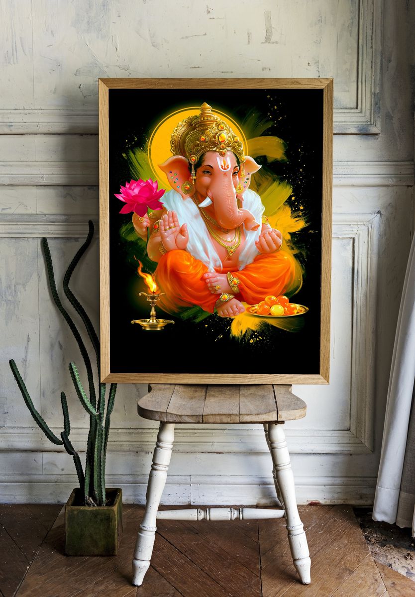 Lord Ganesha Devotional Digital Art Poster. room preview