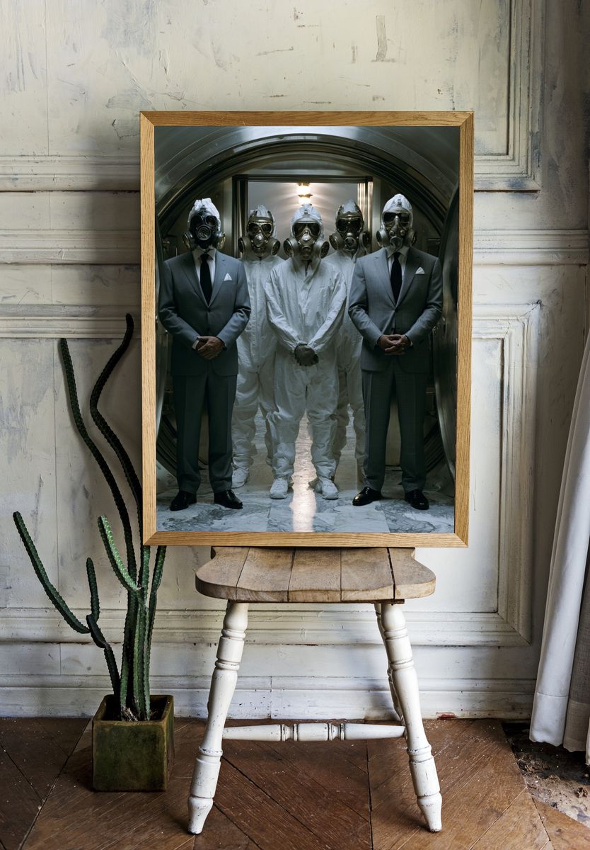 Gas Mask Men — Surreal Photography Print. — room view 1