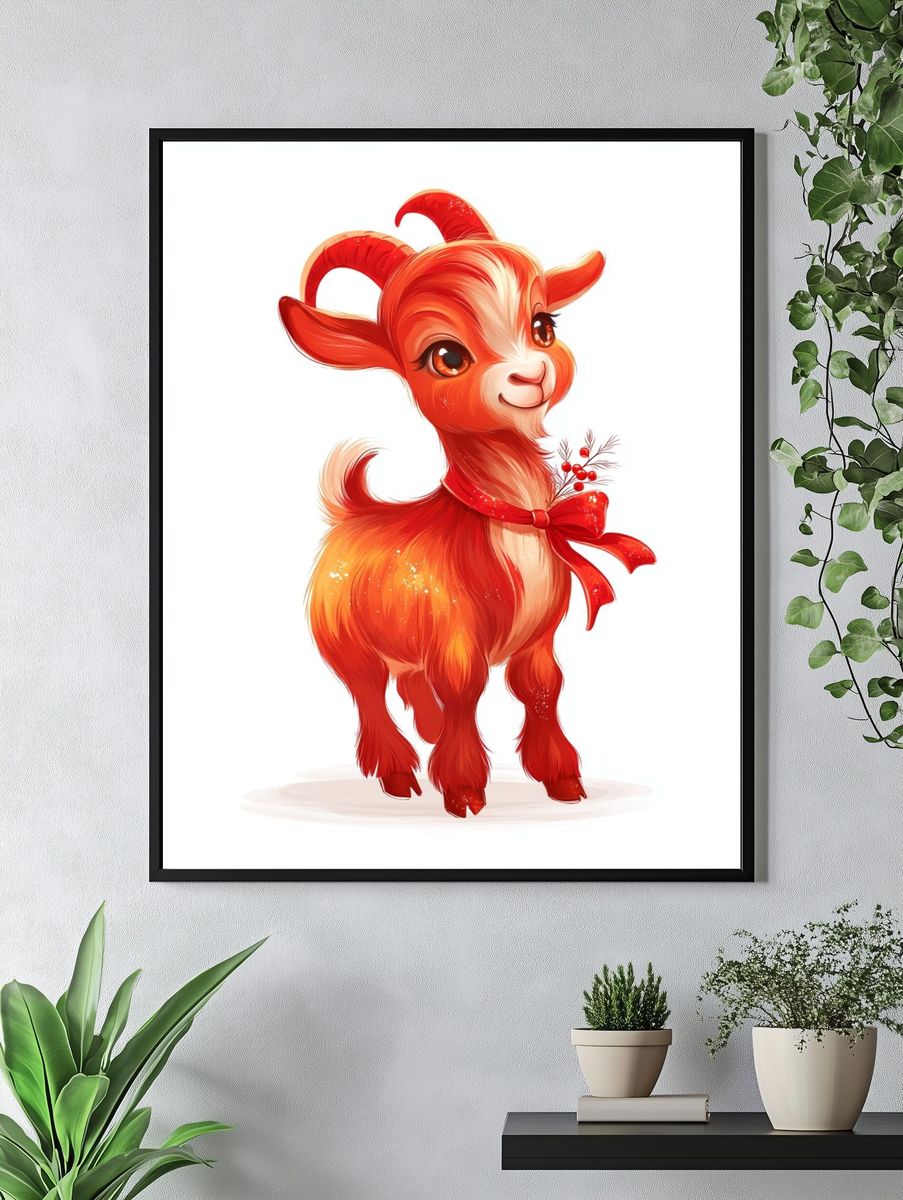 Cute Red Goat Illustration Poster. — room view 4