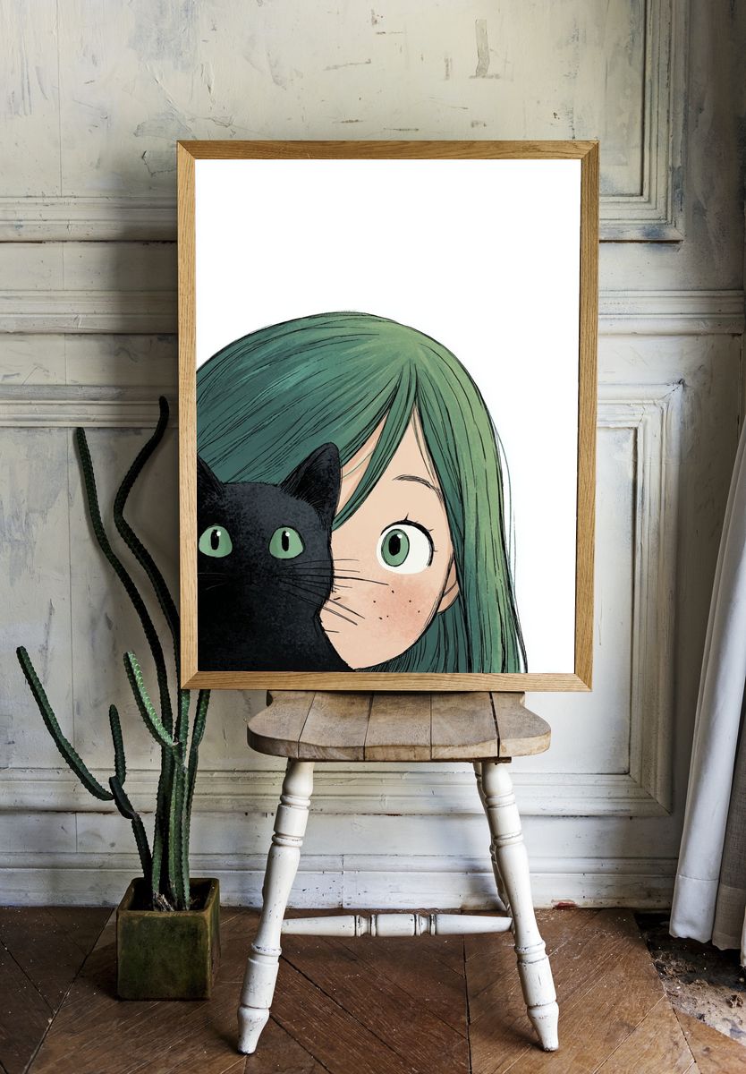 Girl with Black Cat — Illustration Print room preview
