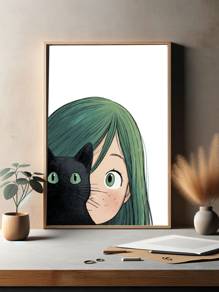 Girl with Black Cat — Illustration Print. — room view 2