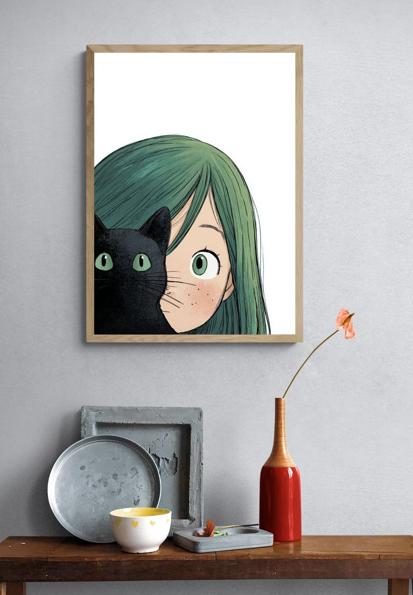 Girl with Black Cat — Illustration Print. — room view 3