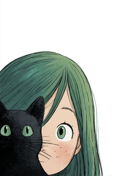 Girl with Black Cat — Illustration Print. poster