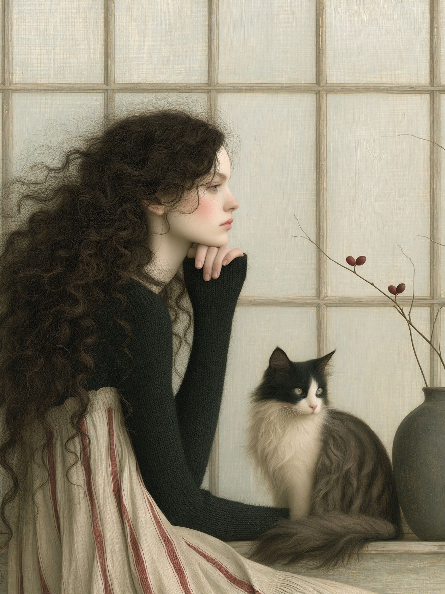 Girl and Cat Portrait Print. poster — illustration art