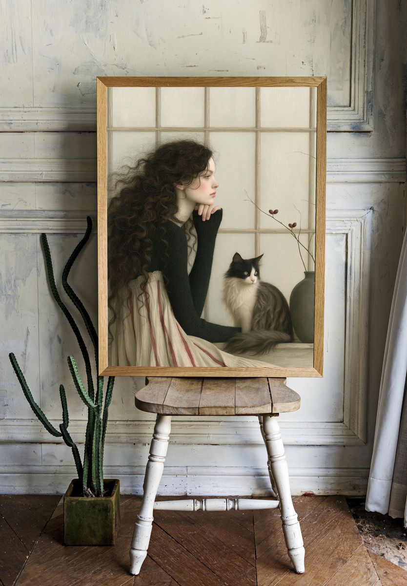 Girl and Cat Portrait Print. — room view 1