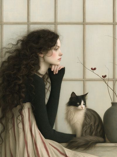 Girl and Cat Portrait Print. poster print