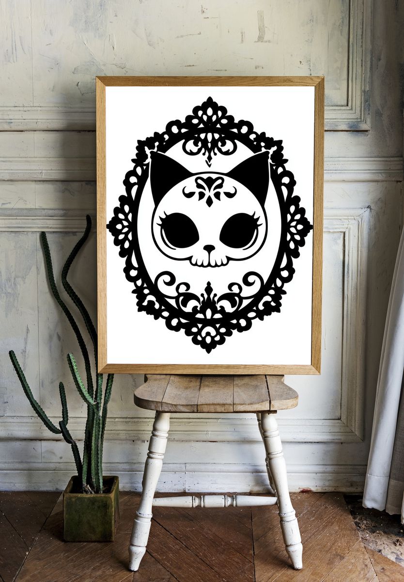 Gothic Cat Skull Typography Print. — room view 1