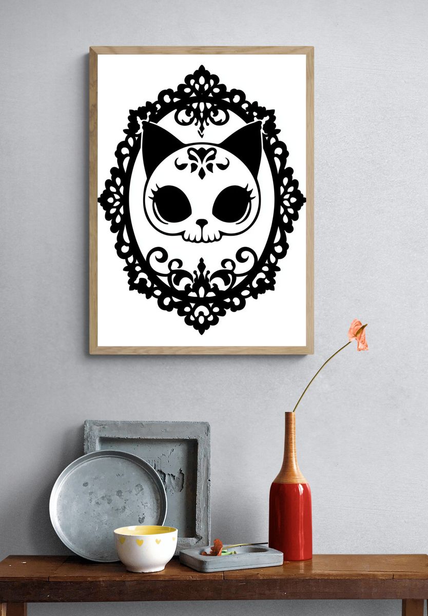 Gothic Cat Skull Typography Print. — room view 3