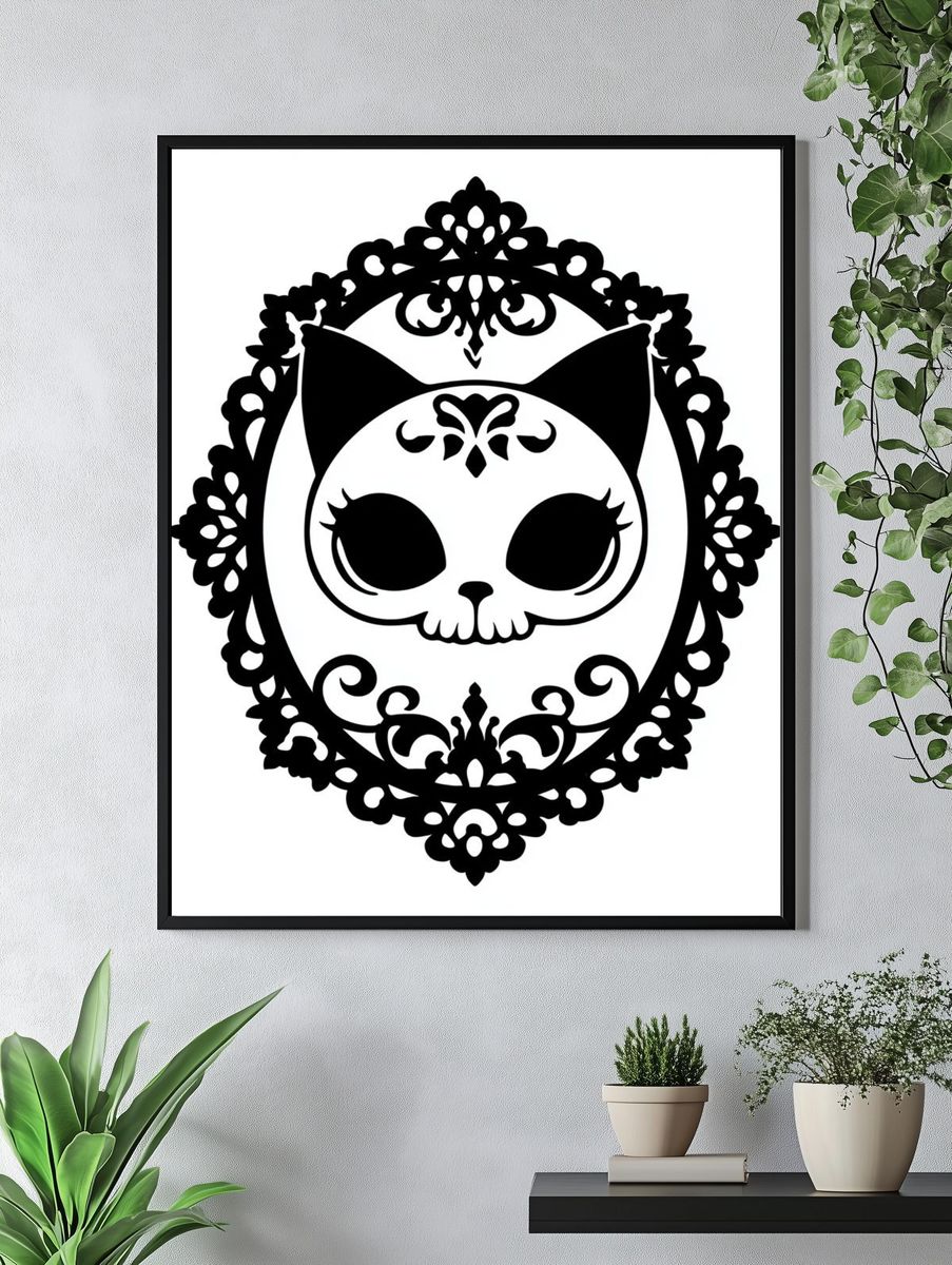 Gothic Cat Skull Typography Print. — room view 4