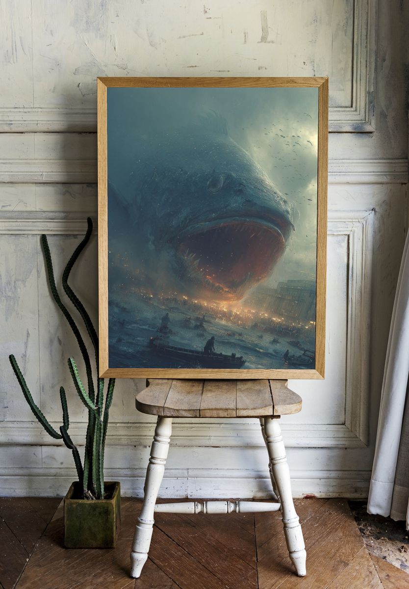 Giant Fish Attack — Surrealism Print. — room view 1