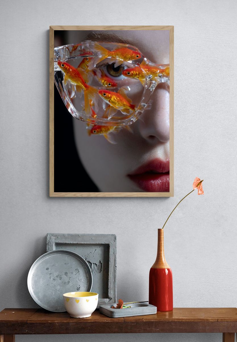 Goldfish in Glasses — Surrealism Print. — room view 3