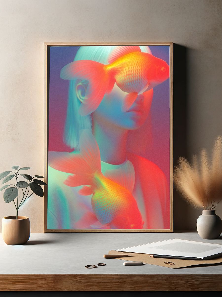 Surreal Goldfish Portrait Poster. — room view 2