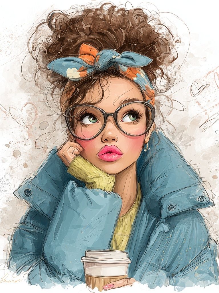 Stylish Girl with Coffee — Illustration Print. poster detail