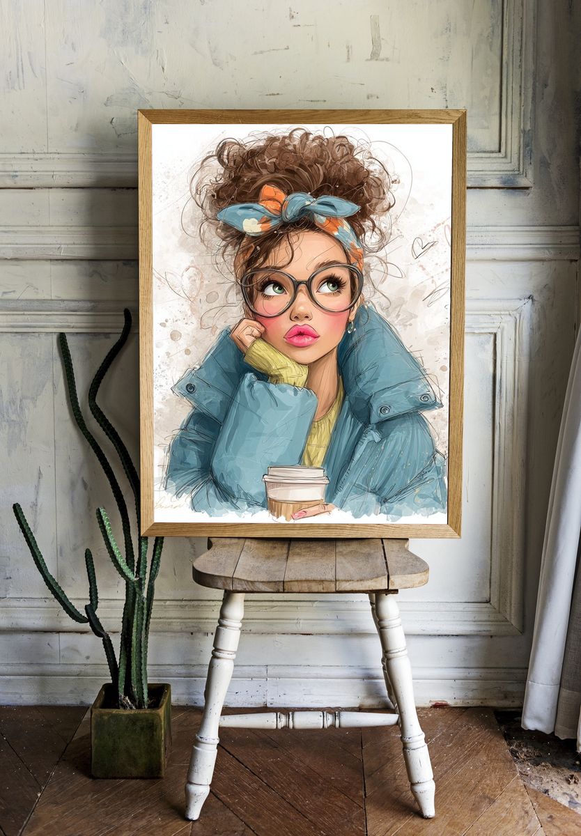 Stylish Girl with Coffee — Illustration Print room preview
