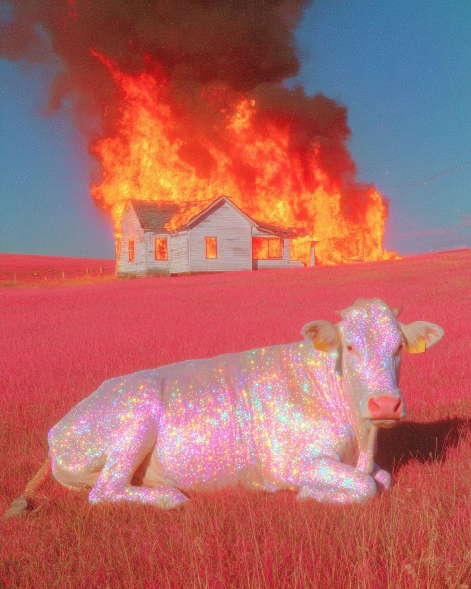 Glittering Cow in Fiery Landscape Poster. poster detail