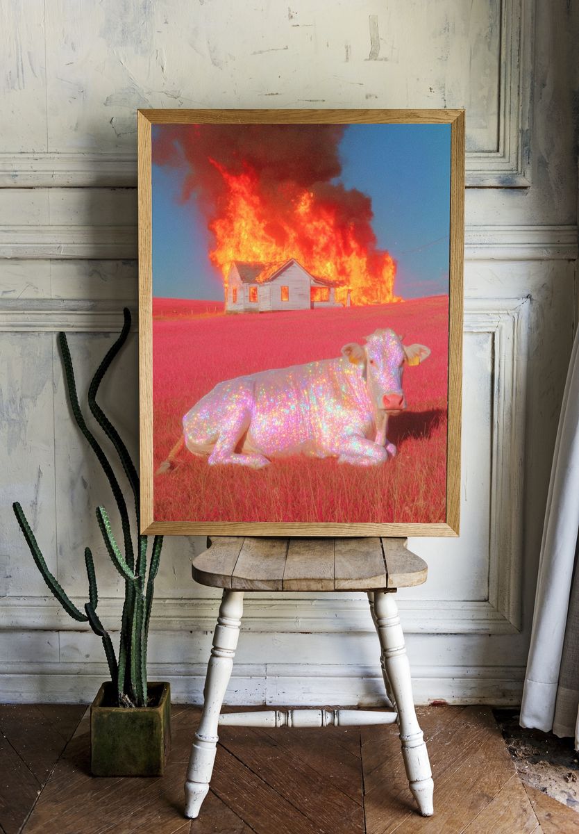 Glittering Cow in Fiery Landscape Poster room preview