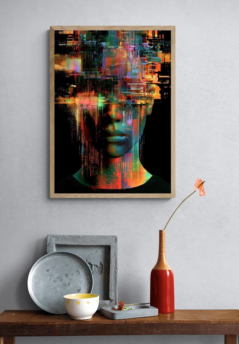 Glitch Portrait Digital Art Poster. — room view 3