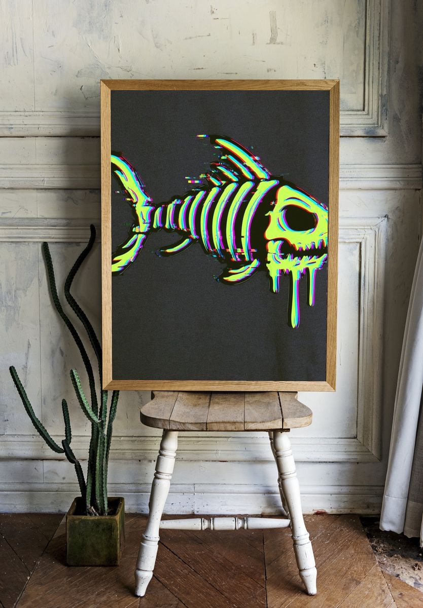 Glitch Skeleton Fish Illustration Poster. — room view 1