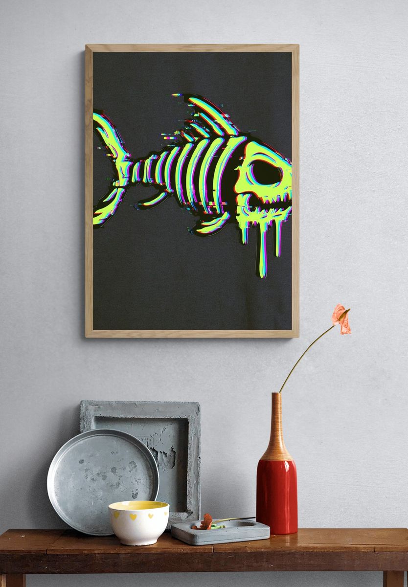 Glitch Skeleton Fish Illustration Poster. — room view 3