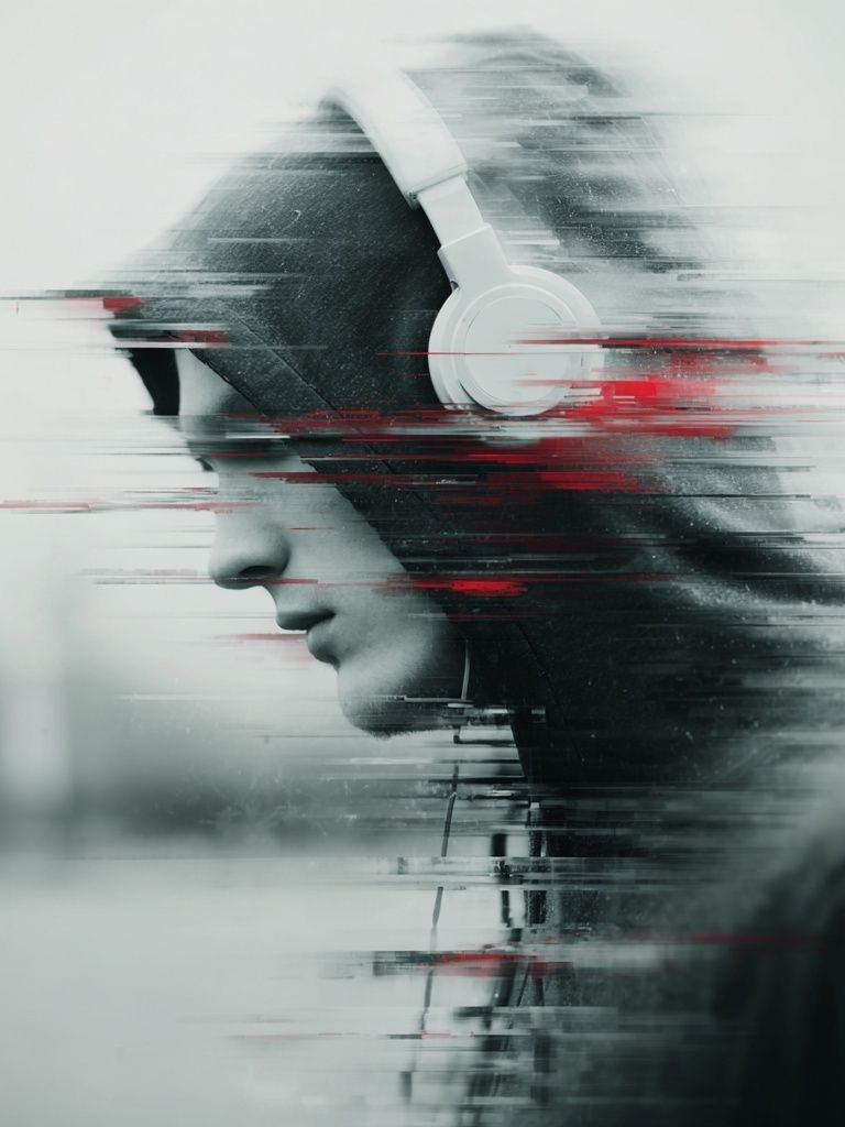 Glitch Headphones Portrait Print. poster — illustration art