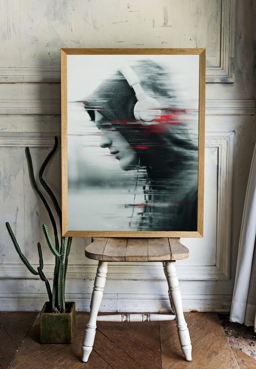 Glitch Headphones Portrait Print room preview