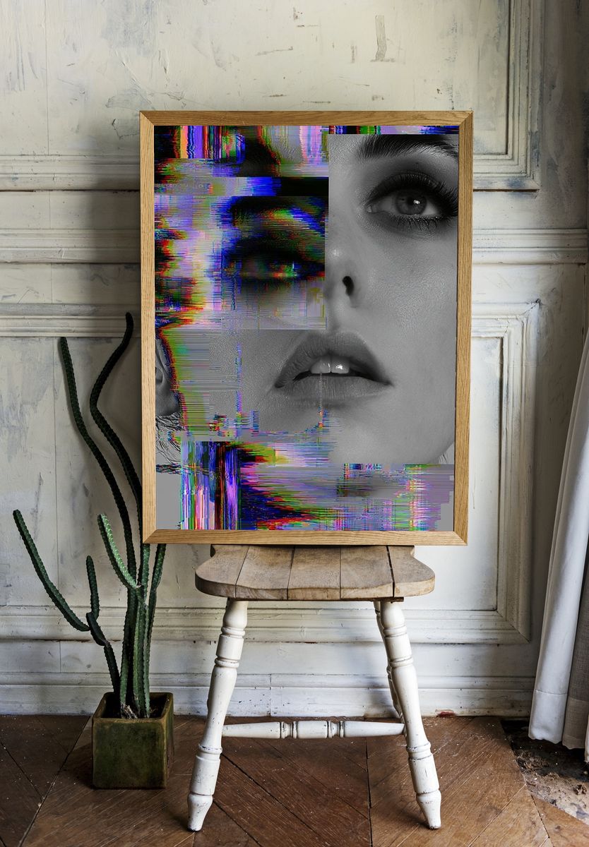 Glitch Portrait Digital Art Poster. — room view 1