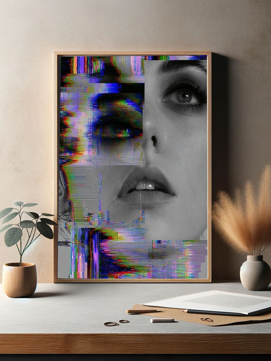 Glitch Portrait Digital Art Poster. — room view 2