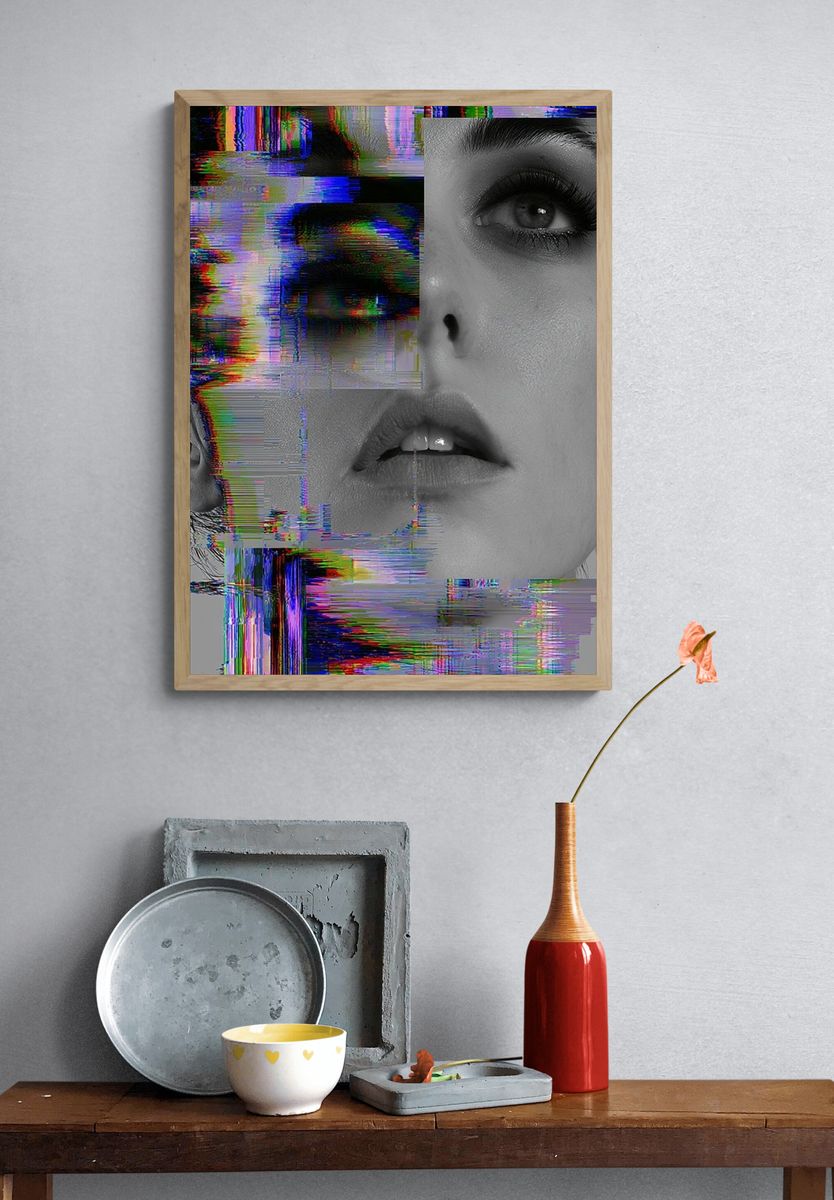 Glitch Portrait Digital Art Poster. — room view 3