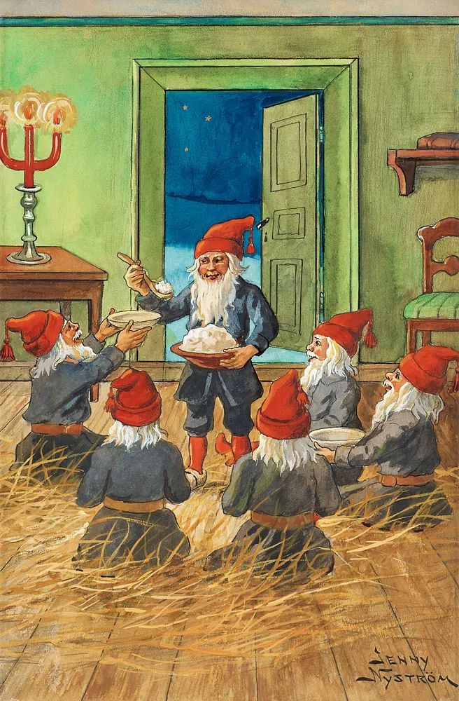 Gnomes Celebrating with Cake — Vintage Print. poster detail