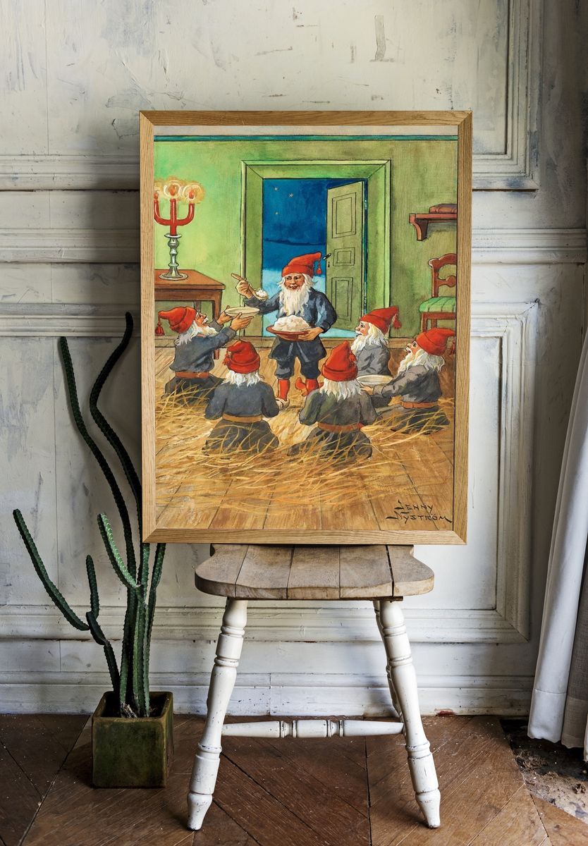 Gnomes Celebrating with Cake — Vintage Print. room preview